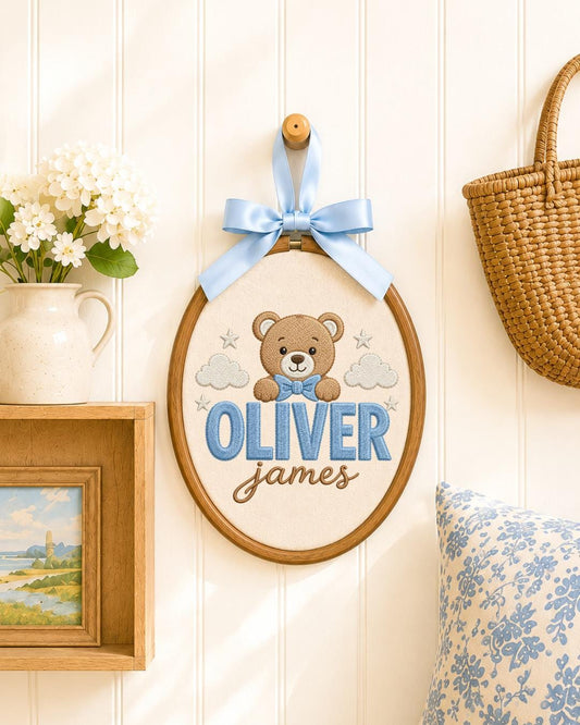 Personalized Teddy Bear Embroidered Ornament, Custom Baby Name Hoop, Baby Boy Nursery Decor, Newborn Keepsake, Baby Shower Gift