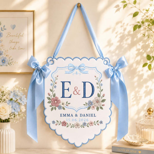 Personalized Wedding Monogram Banner, Emma and Daniel Wall Hanging, Floral Scalloped Ornament, Lavender Ribbon Decor, Wedding Keepsake