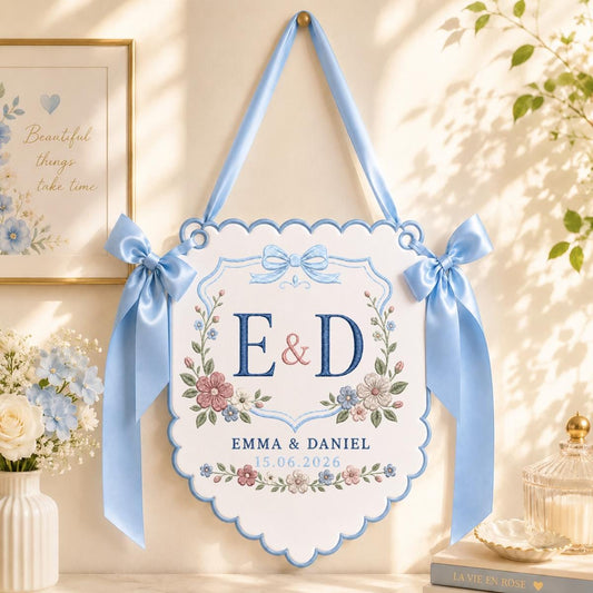 Personalized Wedding Monogram Banner, Emma and Daniel Wall Hanging, Floral Scalloped Ornament, Lavender Ribbon Decor, Wedding Keepsake