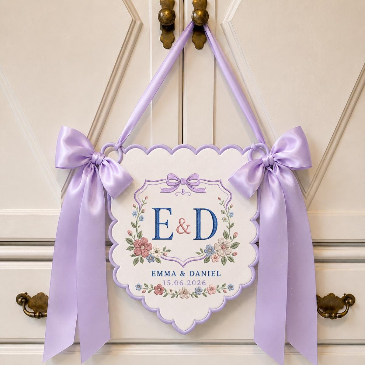 Personalized Wedding Monogram Banner, Emma and Daniel Wall Hanging, Floral Scalloped Ornament, Lavender Ribbon Decor, Wedding Keepsake
