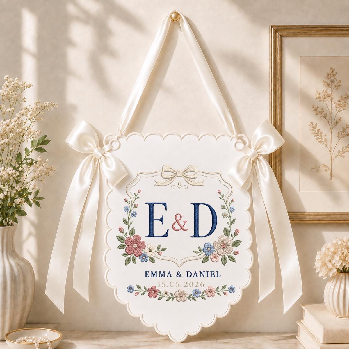 Personalized Wedding Monogram Banner, Emma and Daniel Wall Hanging, Floral Scalloped Ornament, Lavender Ribbon Decor, Wedding Keepsake