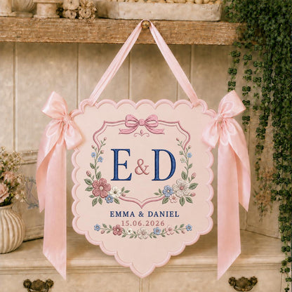Personalized Wedding Monogram Banner, Emma and Daniel Wall Hanging, Floral Scalloped Ornament, Lavender Ribbon Decor, Wedding Keepsake