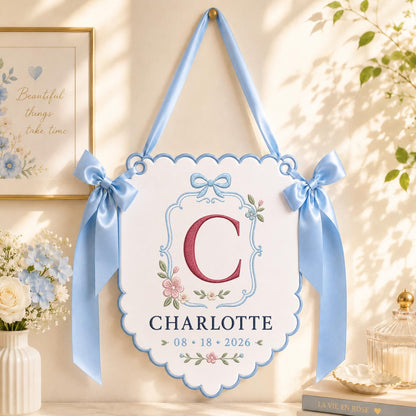 Personalized Monogram Bow Banner, Charlotte Initial C Wall Hanging, Floral Scalloped Ornament, Lavender Ribbon Decor, Custom Name Gift