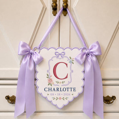 Personalized Monogram Bow Banner, Charlotte Initial C Wall Hanging, Floral Scalloped Ornament, Lavender Ribbon Decor, Custom Name Gift