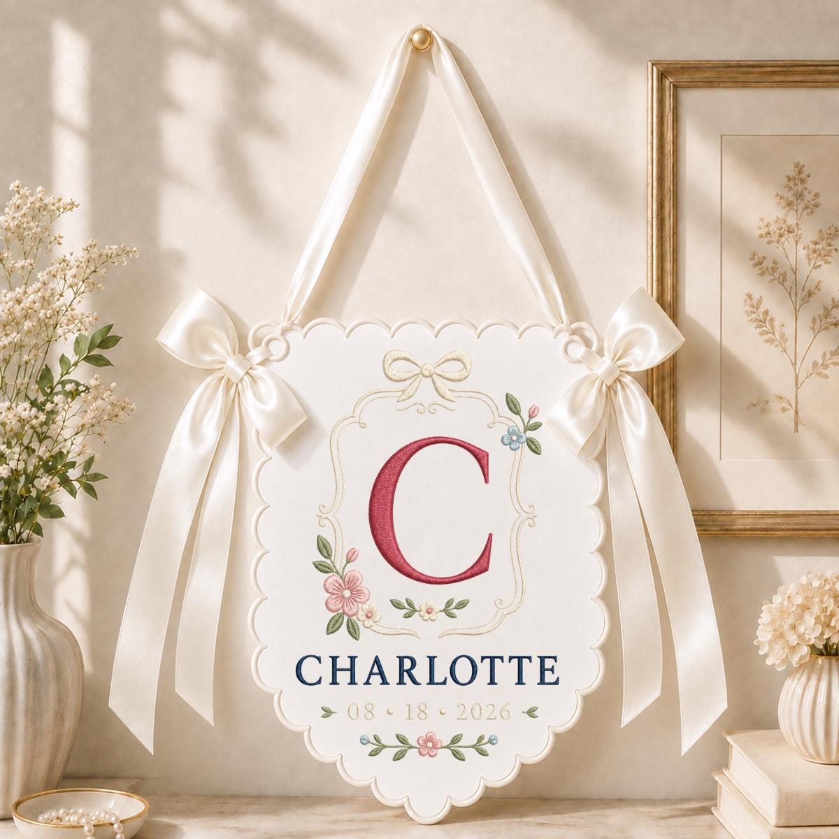 Personalized Monogram Bow Banner, Charlotte Initial C Wall Hanging, Floral Scalloped Ornament, Lavender Ribbon Decor, Custom Name Gift