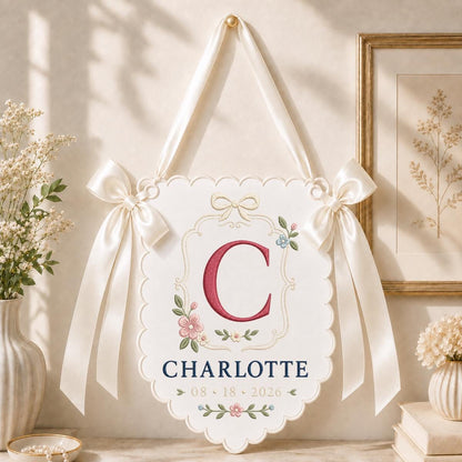 Personalized Monogram Bow Banner, Charlotte Initial C Wall Hanging, Floral Scalloped Ornament, Lavender Ribbon Decor, Custom Name Gift