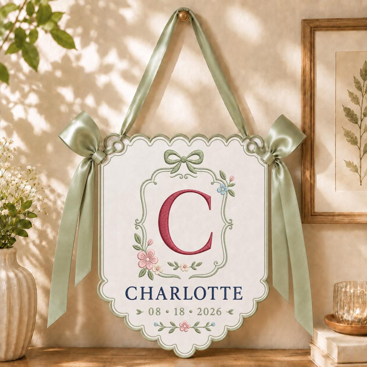 Personalized Monogram Bow Banner, Charlotte Initial C Wall Hanging, Floral Scalloped Ornament, Lavender Ribbon Decor, Custom Name Gift