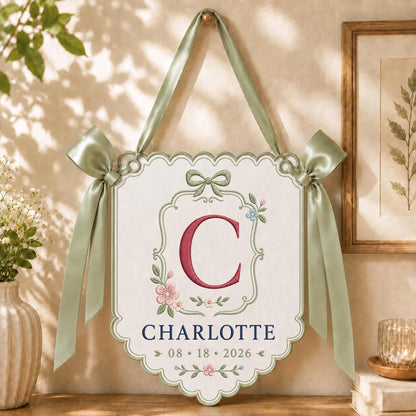 Personalized Monogram Bow Banner, Charlotte Initial C Wall Hanging, Floral Scalloped Ornament, Lavender Ribbon Decor, Custom Name Gift