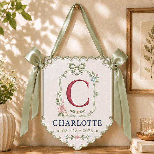 Personalized Monogram Bow Banner, Charlotte Initial C Wall Hanging, Floral Scalloped Ornament, Lavender Ribbon Decor, Custom Name Gift