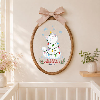 Christmas Cat Embroidery Ornament, Merry Christmas 2026 Wall Hanging, Cute Holiday Hoop Decor, Snowy Kitten Gift, Blue Ribbon