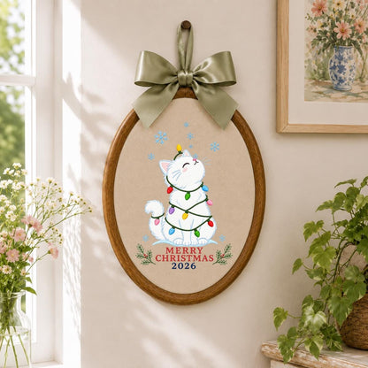 Christmas Cat Embroidery Ornament, Merry Christmas 2026 Wall Hanging, Cute Holiday Hoop Decor, Snowy Kitten Gift, Blue Ribbon