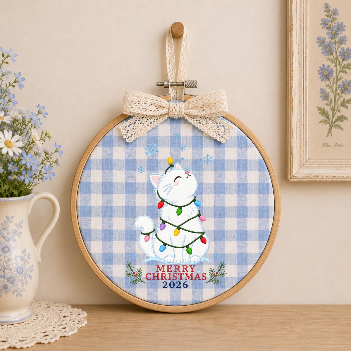 Christmas Cat Embroidery Ornament, Merry Christmas 2026 Wall Hanging, Cute Holiday Hoop Decor, Snowy Kitten Gift, Blue Ribbon