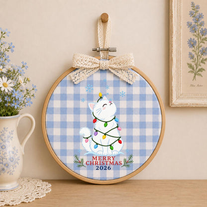 Christmas Cat Embroidery Ornament, Merry Christmas 2026 Wall Hanging, Cute Holiday Hoop Decor, Snowy Kitten Gift, Blue Ribbon