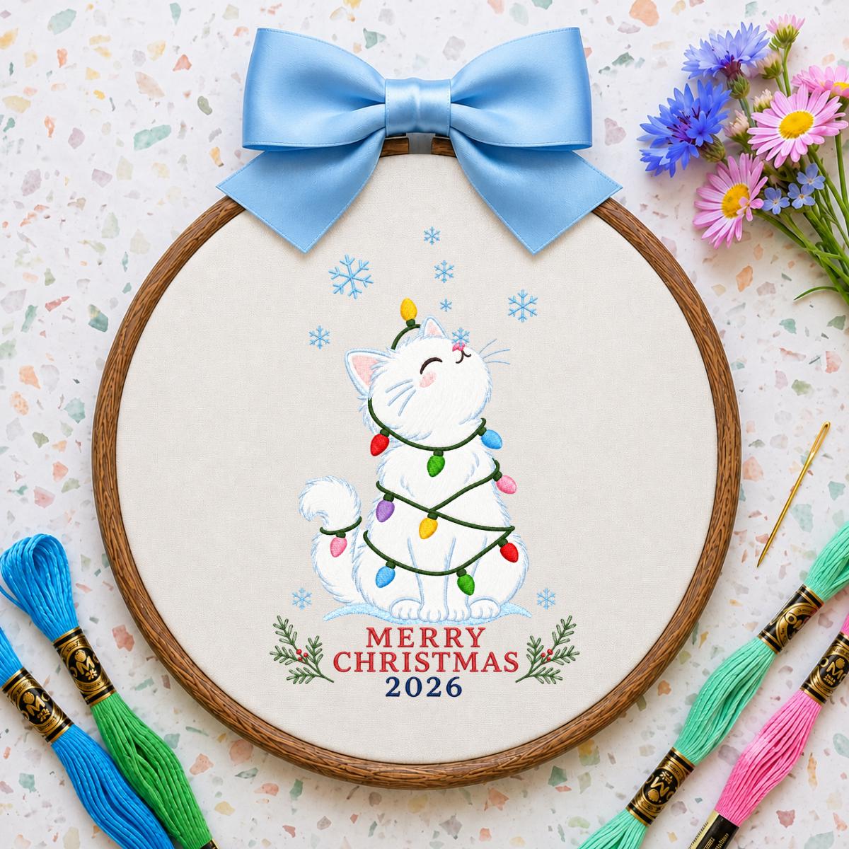 Christmas Cat Embroidery Ornament, Merry Christmas 2026 Wall Hanging, Cute Holiday Hoop Decor, Snowy Kitten Gift, Blue Ribbon