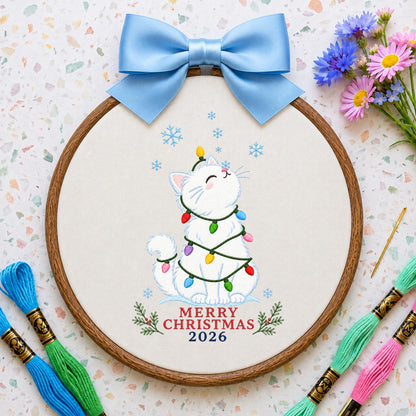 Christmas Cat Embroidery Ornament, Merry Christmas 2026 Wall Hanging, Cute Holiday Hoop Decor, Snowy Kitten Gift, Blue Ribbon
