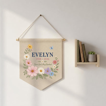 Personalized Memorial Wall Hanging, Evelyn Floral Remembrance Banner, Forever Loved Always Remembered Decor, Celebration of Life Gift
