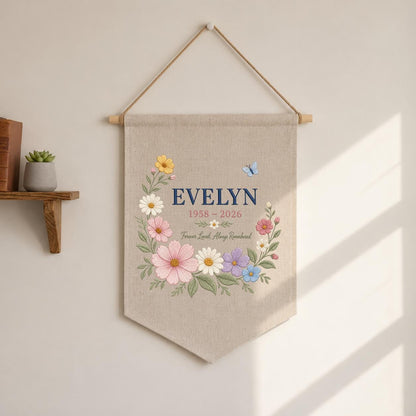 Personalized Memorial Wall Hanging, Evelyn Floral Remembrance Banner, Forever Loved Always Remembered Decor, Celebration of Life Gift