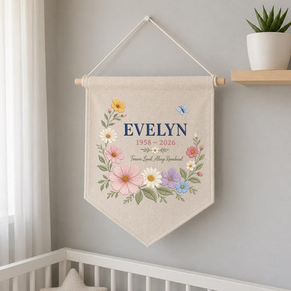 Personalized Memorial Wall Hanging, Evelyn Floral Remembrance Banner, Forever Loved Always Remembered Decor, Celebration of Life Gift