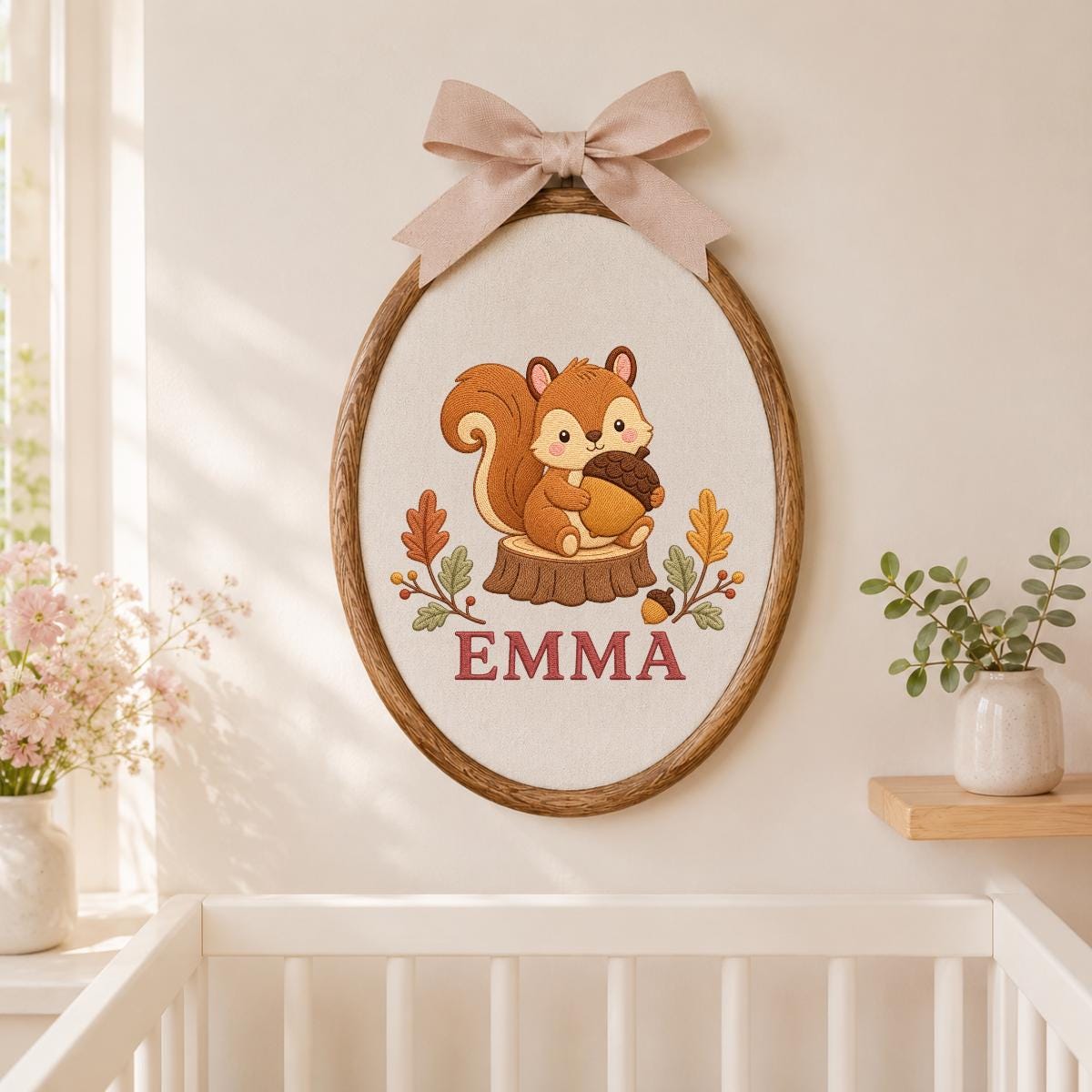 Personalized Squirrel Embroidery Ornament, Emma Woodland Hoop Wall Hanging, Autumn Nursery Decor, Acorn Lover Gift, Blue Gingham