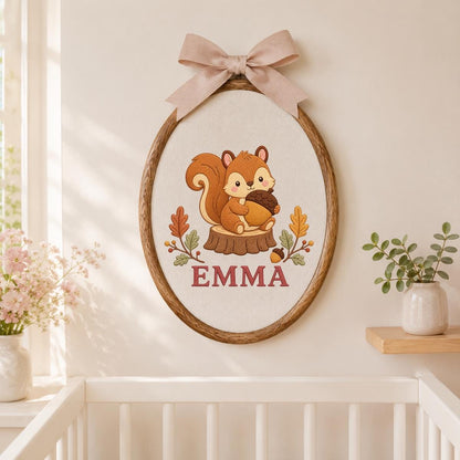 Personalized Squirrel Embroidery Ornament, Emma Woodland Hoop Wall Hanging, Autumn Nursery Decor, Acorn Lover Gift, Blue Gingham