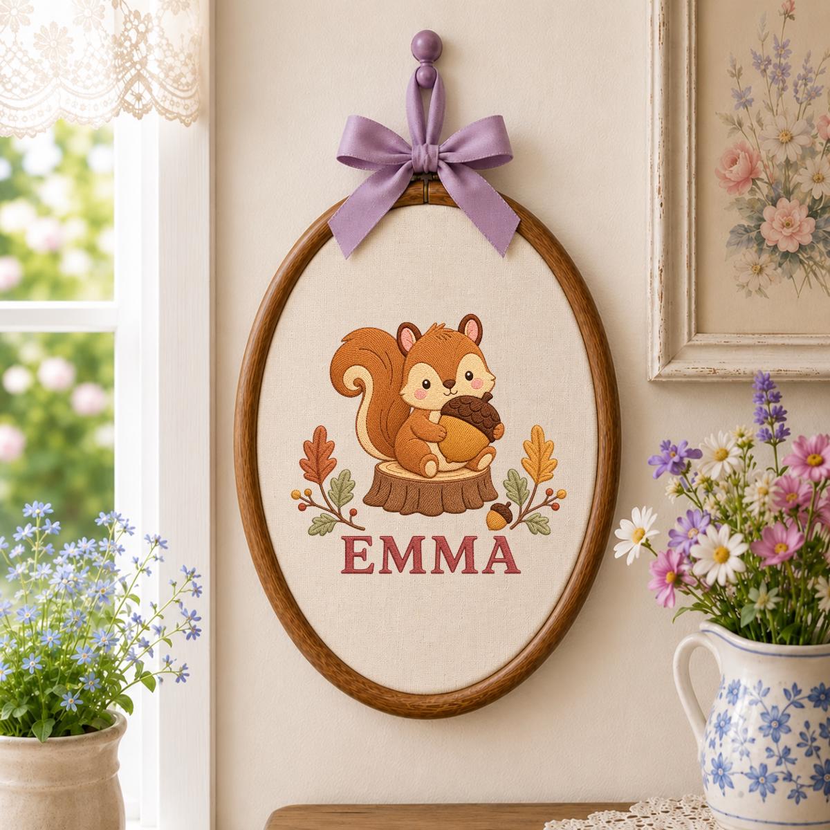 Personalized Squirrel Embroidery Ornament, Emma Woodland Hoop Wall Hanging, Autumn Nursery Decor, Acorn Lover Gift, Blue Gingham