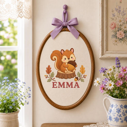 Personalized Squirrel Embroidery Ornament, Emma Woodland Hoop Wall Hanging, Autumn Nursery Decor, Acorn Lover Gift, Blue Gingham