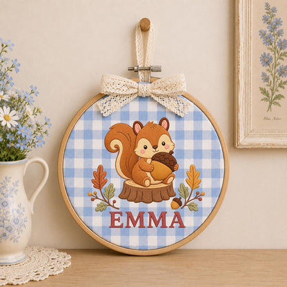 Personalized Squirrel Embroidery Ornament, Emma Woodland Hoop Wall Hanging, Autumn Nursery Decor, Acorn Lover Gift, Blue Gingham