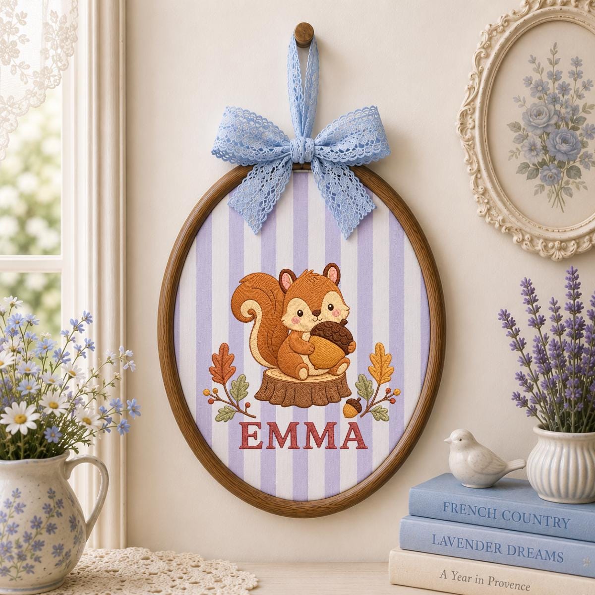 Personalized Squirrel Embroidery Ornament, Emma Woodland Hoop Wall Hanging, Autumn Nursery Decor, Acorn Lover Gift, Blue Gingham