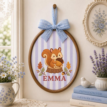 Personalized Squirrel Embroidery Ornament, Emma Woodland Hoop Wall Hanging, Autumn Nursery Decor, Acorn Lover Gift, Blue Gingham