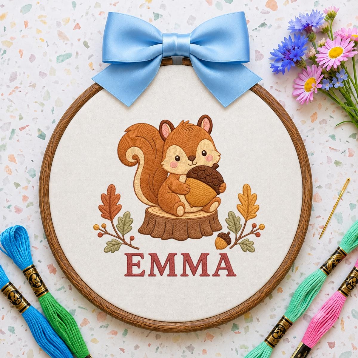 Personalized Squirrel Embroidery Ornament, Emma Woodland Hoop Wall Hanging, Autumn Nursery Decor, Acorn Lover Gift, Blue Gingham