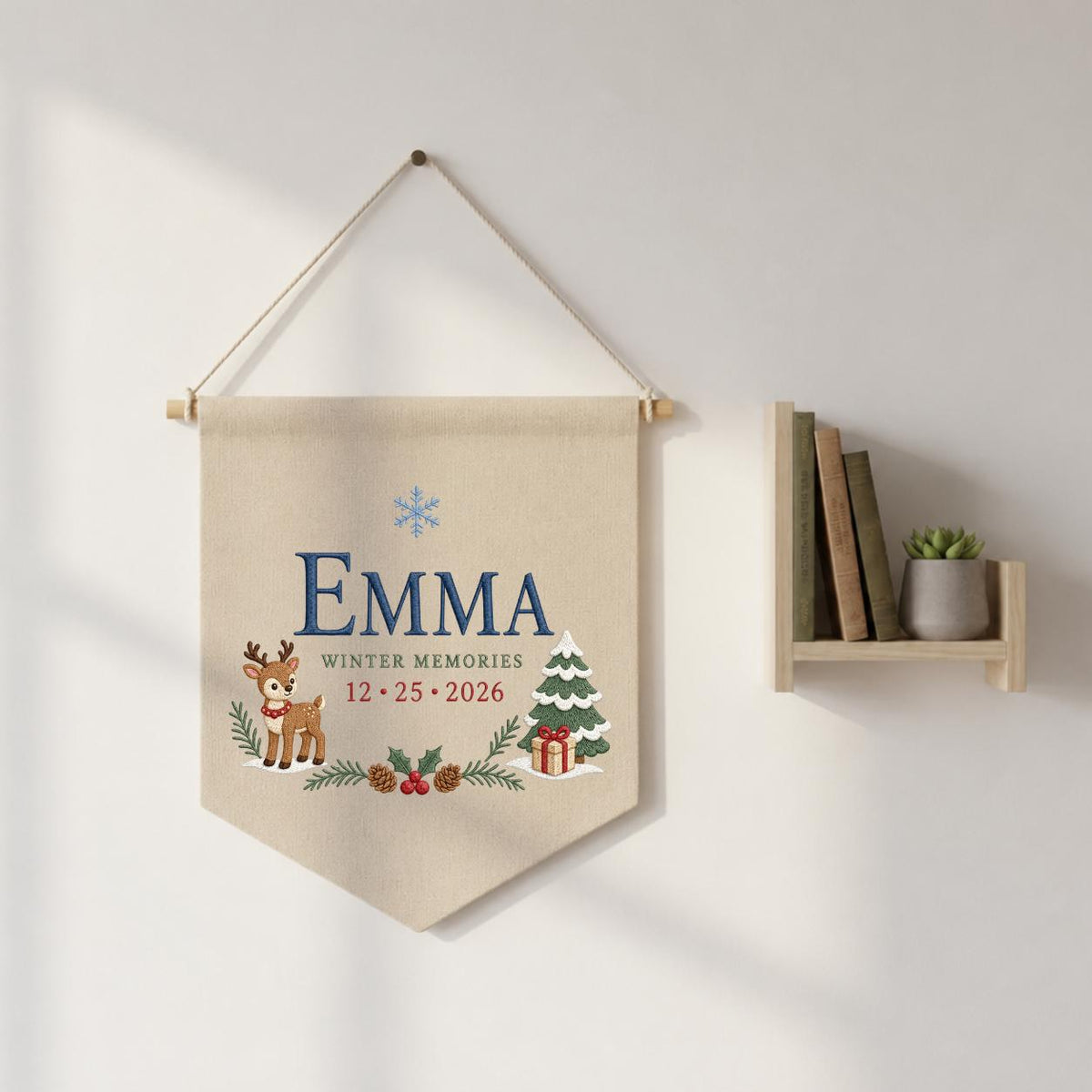 Personalized Christmas Wall Hanging, Emma Winter Memories Banner, Reindeer and Tree Decor, Custom Date Pennant, Holiday Keepsake Gift