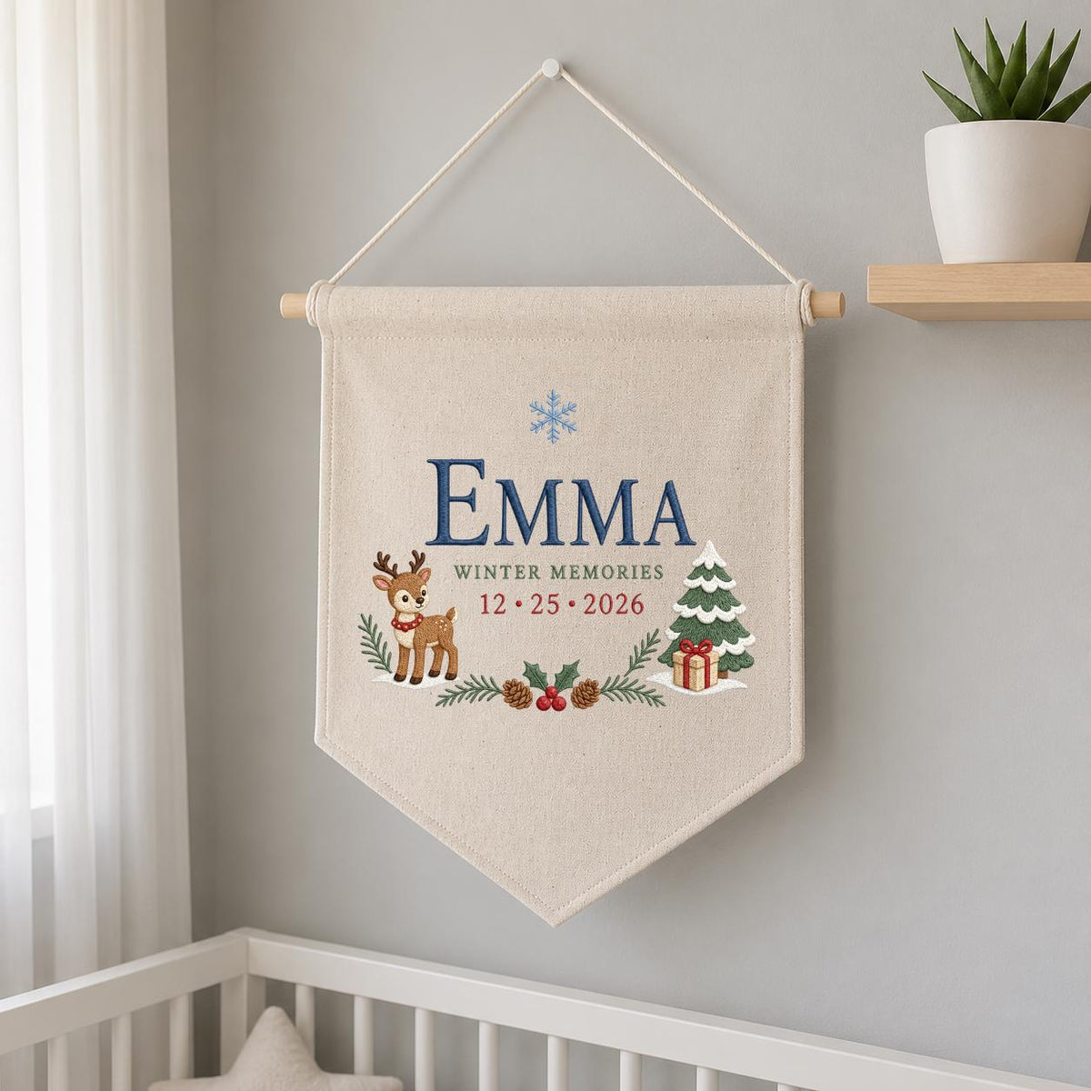 Personalized Christmas Wall Hanging, Emma Winter Memories Banner, Reindeer and Tree Decor, Custom Date Pennant, Holiday Keepsake Gift