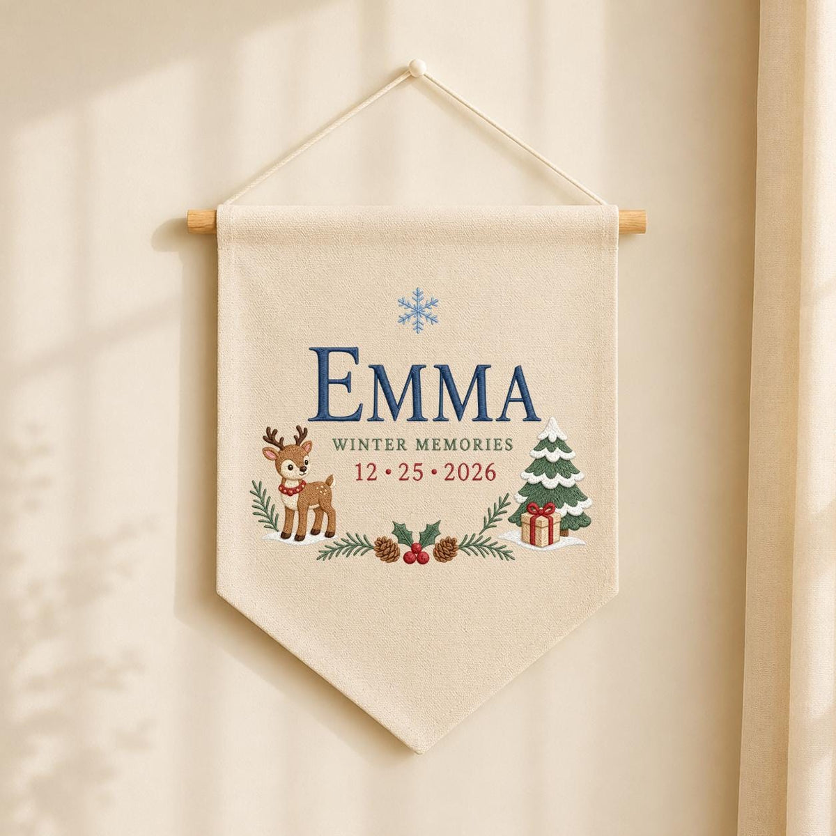 Personalized Christmas Wall Hanging, Emma Winter Memories Banner, Reindeer and Tree Decor, Custom Date Pennant, Holiday Keepsake Gift