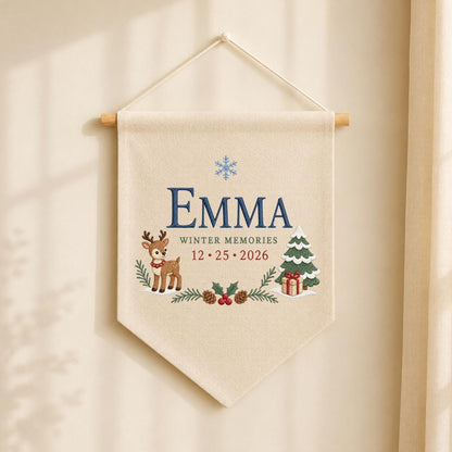 Personalized Christmas Wall Hanging, Emma Winter Memories Banner, Reindeer and Tree Decor, Custom Date Pennant, Holiday Keepsake Gift