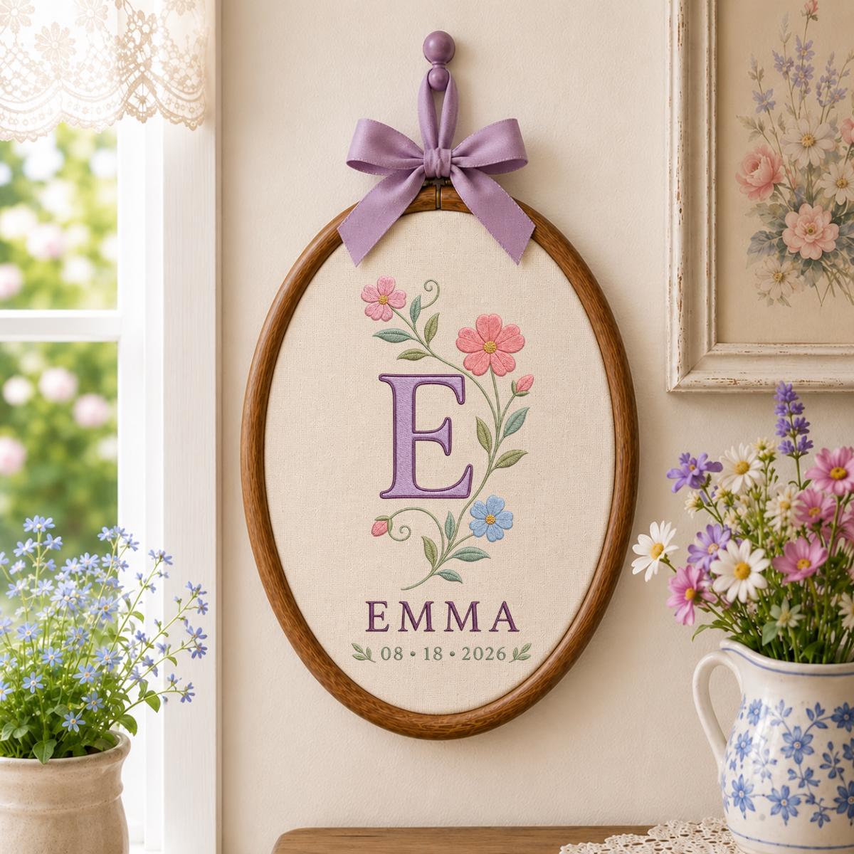 Personalized Floral Monogram Ornament, Emma Initial E Oval Wall Hanging, Custom Name Date Decor, Ribbon Bow Nursery Gift