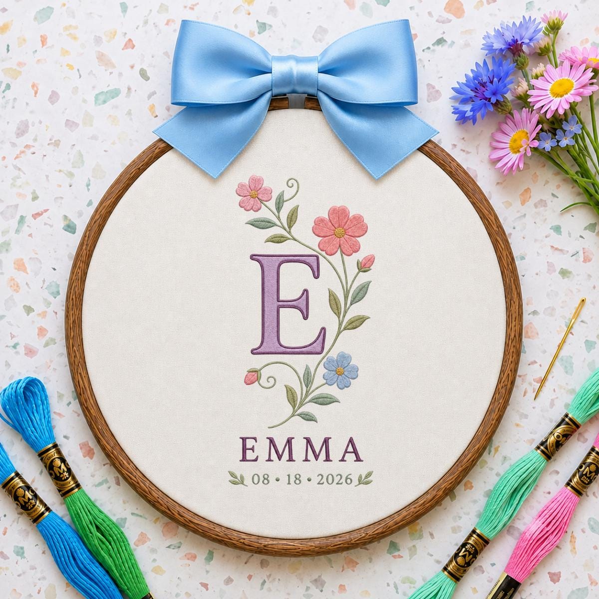 Personalized Floral Monogram Ornament, Emma Initial E Oval Wall Hanging, Custom Name Date Decor, Ribbon Bow Nursery Gift
