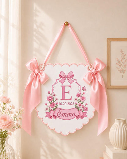 Personalized Embroidered Baby Name Banner, Floral Monogram Nursery Sign, Custom Baby Girl Wall Hanging, Newborn Announcement Gift