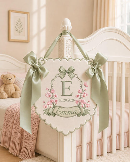 Personalized Embroidered Baby Name Banner, Floral Monogram Nursery Sign, Custom Baby Girl Wall Hanging, Newborn Announcement Gift