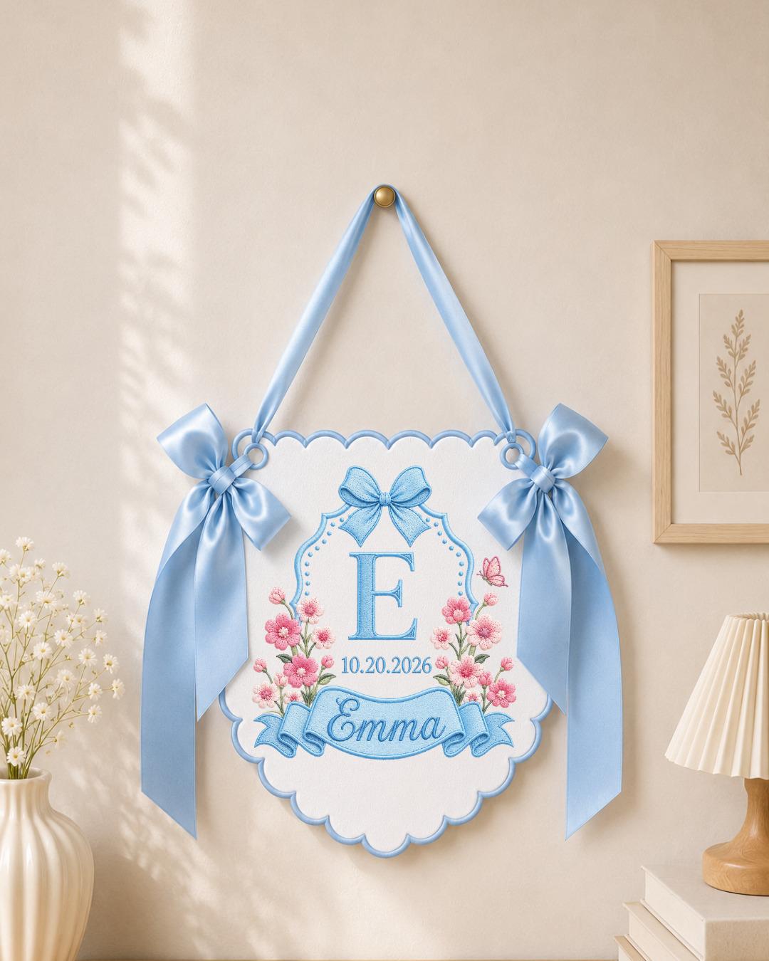 Personalized Embroidered Baby Name Banner, Floral Monogram Nursery Sign, Custom Baby Girl Wall Hanging, Newborn Announcement Gift
