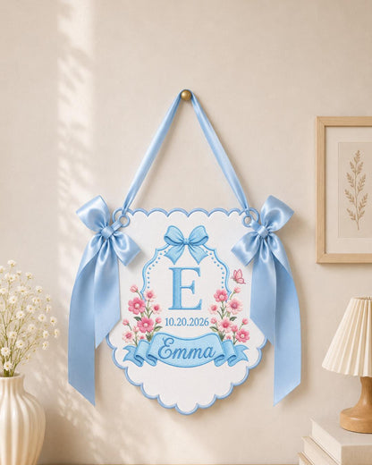 Personalized Embroidered Baby Name Banner, Floral Monogram Nursery Sign, Custom Baby Girl Wall Hanging, Newborn Announcement Gift