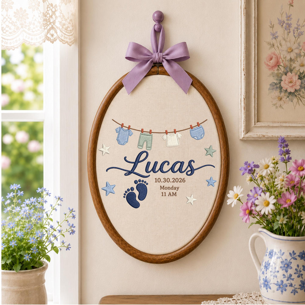 Personalized Baby Birth Embroidered Ornament, Custom Baby Name Birth Stats Keepsake, Newborn Announcement, Baby Boy Nursery Gift