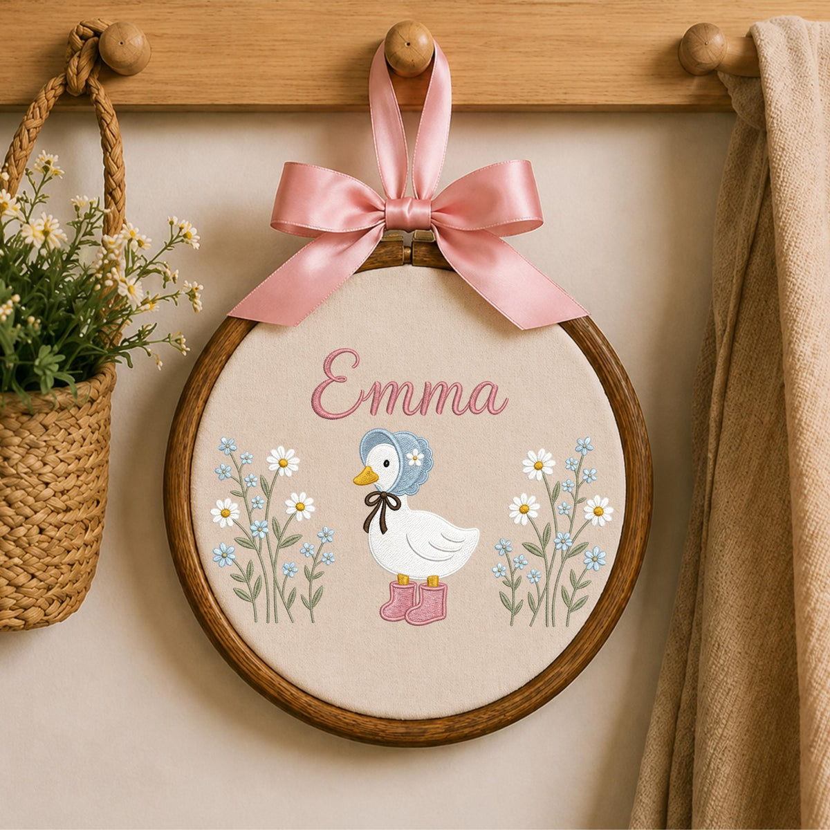 Personalized Goose Embroidered Ornament, Custom Baby Name Nursery Decor, Floral Duck Keepsake, Baby Girl Gift, Newborn Nursery Ornament