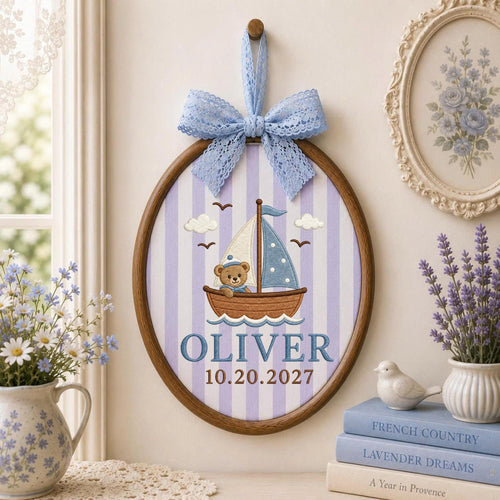 Personalized Sailboat Bear Embroidered Ornament, Custom Baby Boy Name Ornament, Nautical Nursery Decor, Newborn Baby Gift, Sailboat Keepsake