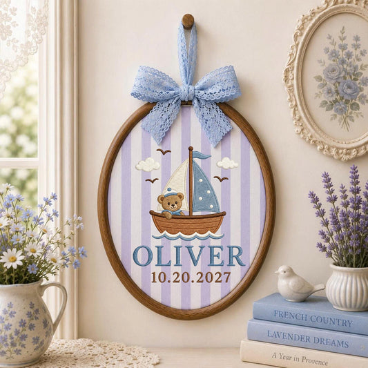 Personalized Sailboat Bear Embroidered Ornament, Custom Baby Boy Name Ornament, Nautical Nursery Decor, Newborn Baby Gift, Sailboat Keepsake