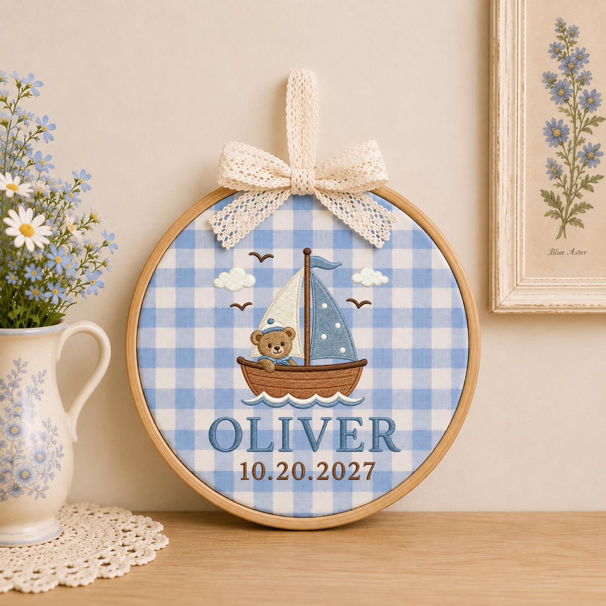 Personalized Sailboat Bear Embroidered Ornament, Custom Baby Boy Name Ornament, Nautical Nursery Decor, Newborn Baby Gift, Sailboat Keepsake
