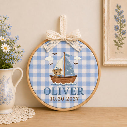 Personalized Sailboat Bear Embroidered Ornament, Custom Baby Boy Name Ornament, Nautical Nursery Decor, Newborn Baby Gift, Sailboat Keepsake