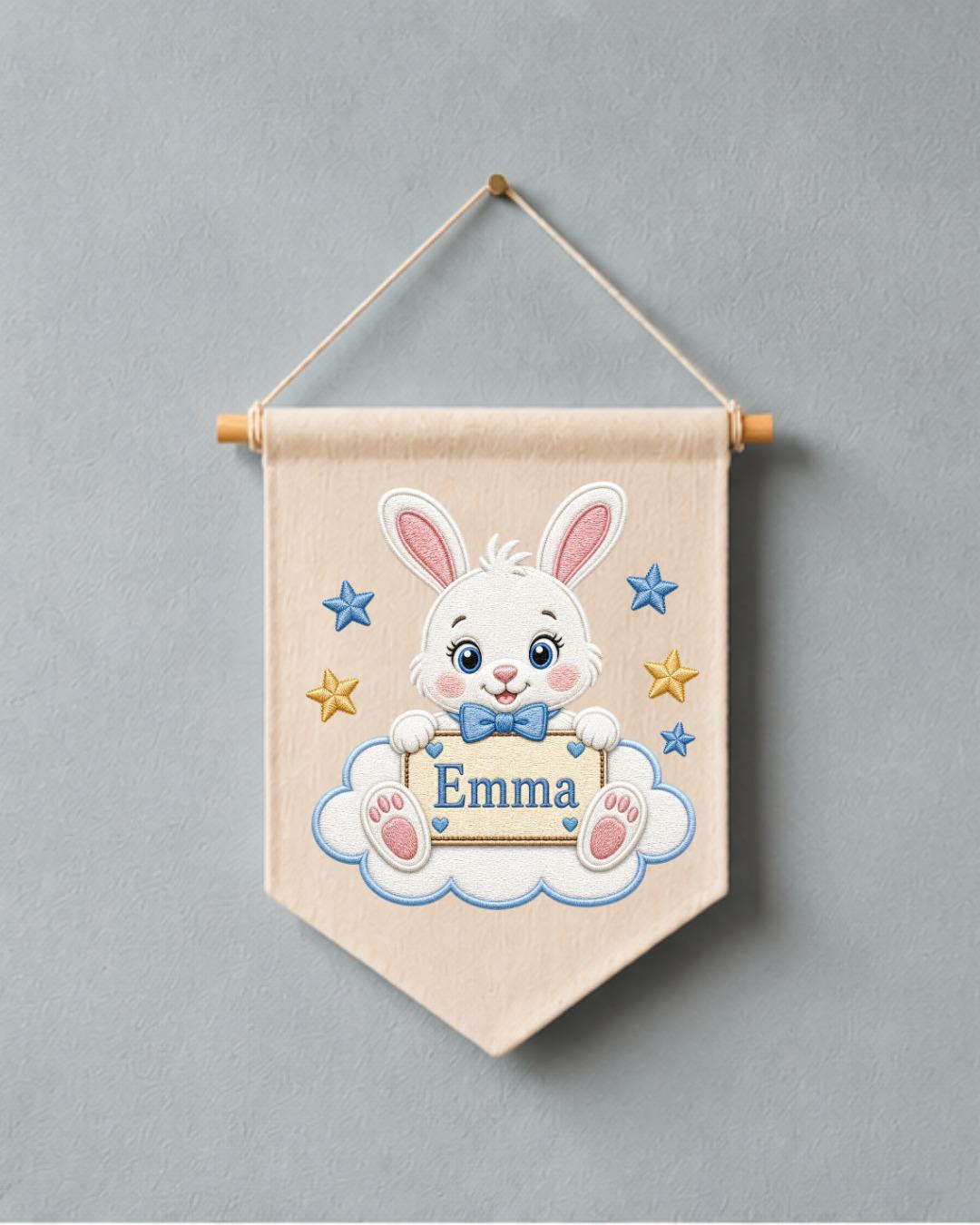 Personalized Bunny Nursery Wall Hanging, Custom Name Embroidered Banner, Rabbit Baby Name Sign, Baby Girl Nursery Decor, Baby Shower Gift