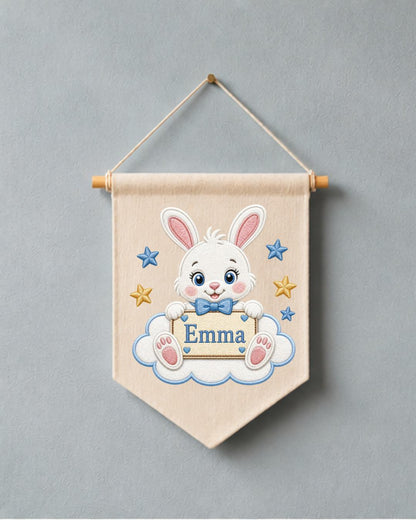 Personalized Bunny Nursery Wall Hanging, Custom Name Embroidered Banner, Rabbit Baby Name Sign, Baby Girl Nursery Decor, Baby Shower Gift