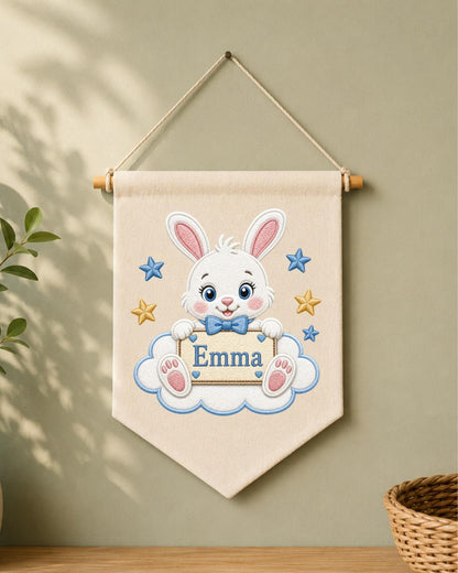 Personalized Bunny Nursery Wall Hanging, Custom Name Embroidered Banner, Rabbit Baby Name Sign, Baby Girl Nursery Decor, Baby Shower Gift