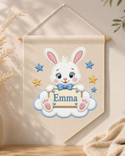 Personalized Bunny Nursery Wall Hanging, Custom Name Embroidered Banner, Rabbit Baby Name Sign, Baby Girl Nursery Decor, Baby Shower Gift